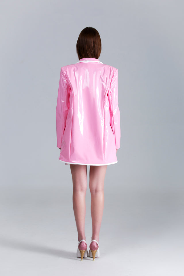 Pink Latex-feel Blazer + Piping Details