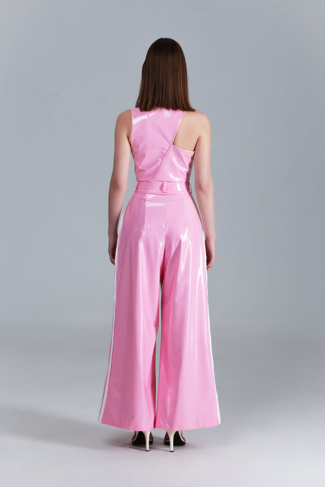 Wide Leg Flare Vegan Leather Pants - Glossy Pink + White Piping