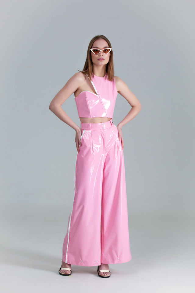 pink glossy trousers