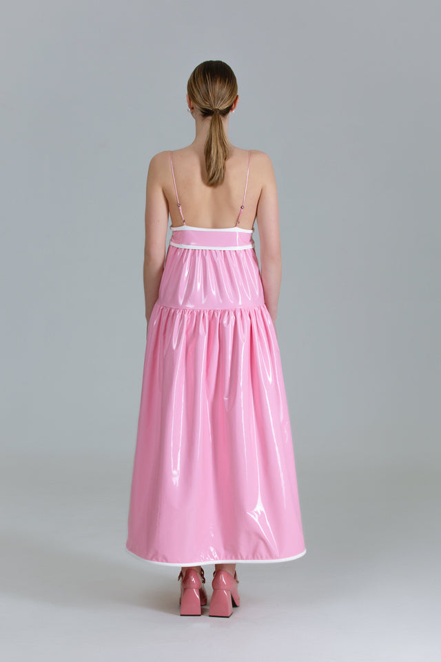 Flowing Waist Dress Latex-Feel - Glossy Pink + White Detail