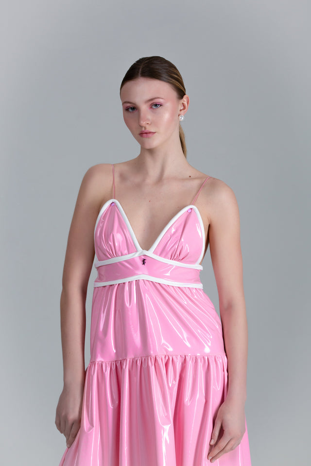 Flowing Waist Dress Latex-Feel - Glossy Pink + White Detail