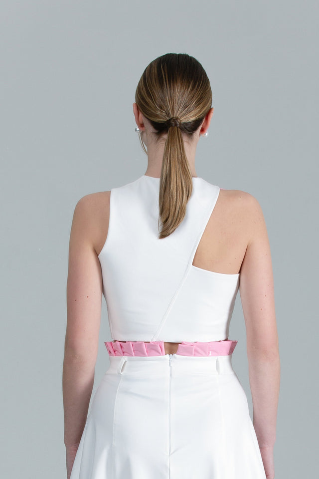 Asymmetric Crop Top - White + Pink Pleats