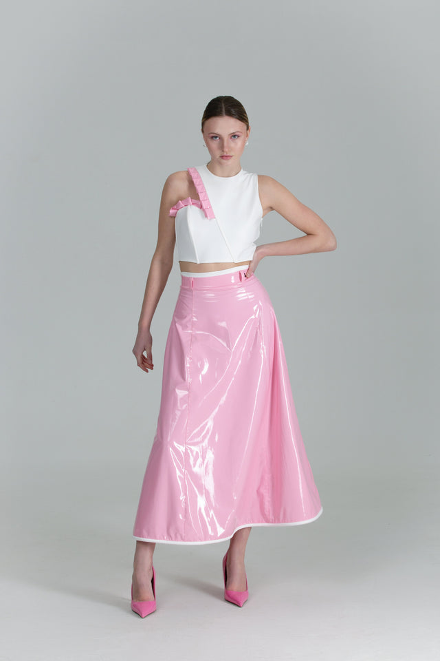 Asymmetric Crop Top - White + Pink Pleats