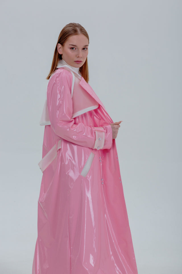 Straight Long Coat - Pink + White Piping