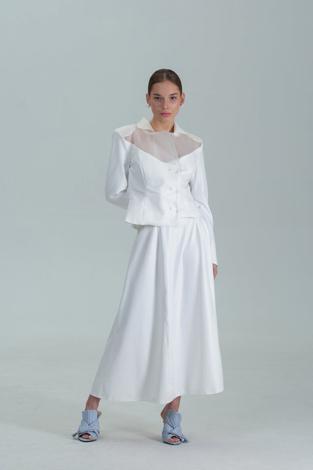 Midi Circular Skirt - White + Pink Pleats