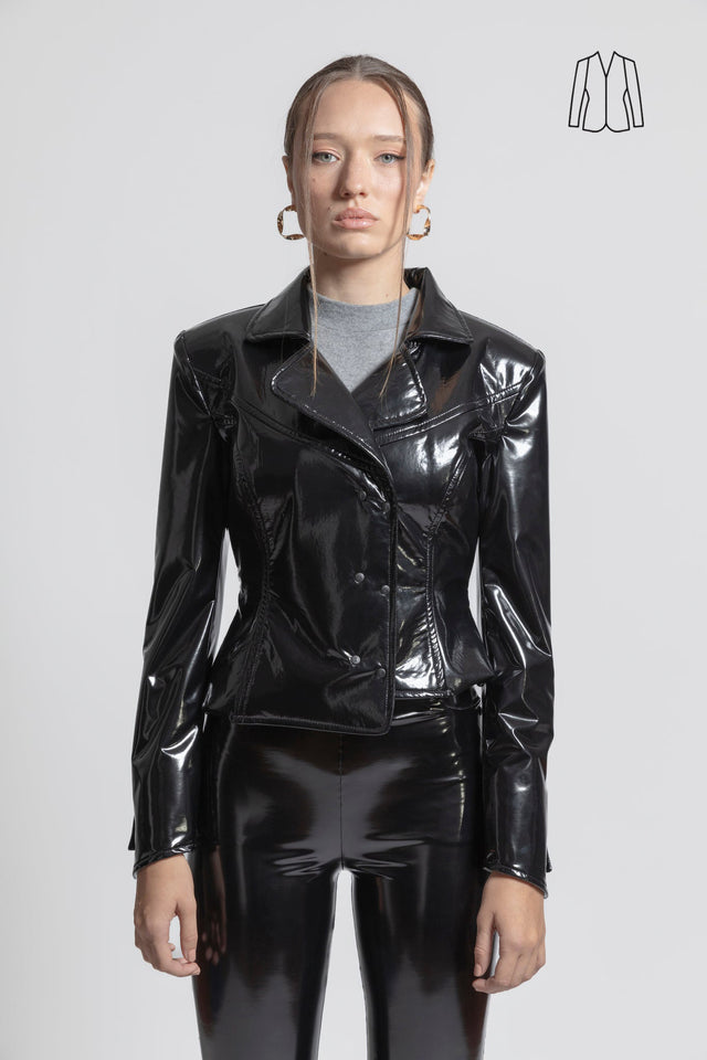 Asymmetric Latex Look Blazer - Black