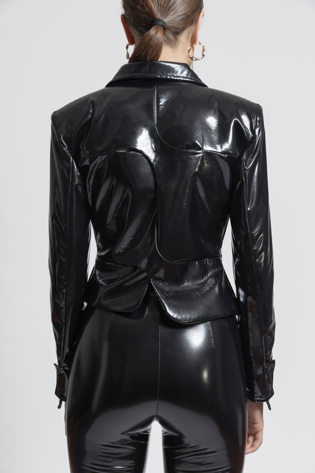Asymmetric Latex Look Blazer - Black