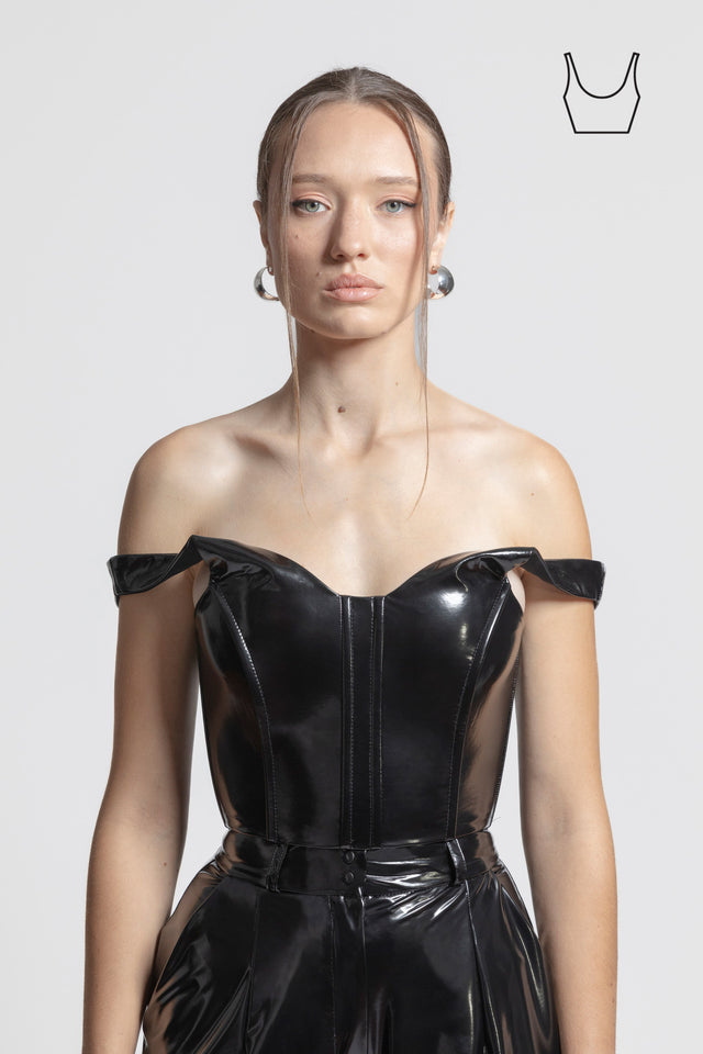 Bardot Crop Top Latex Feel - Black