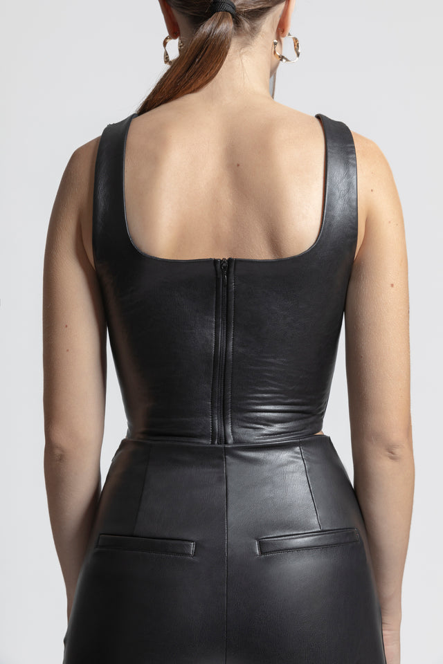 Bardot Crop Top Vegan Leather - Black