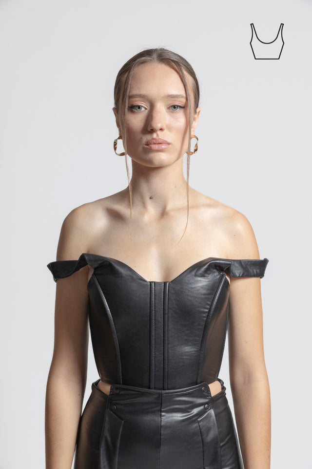 Bardot Crop Top Vegan Leather - Black