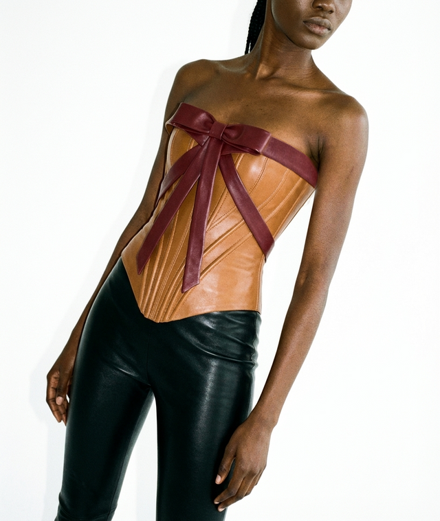 Brown Leather Corset + Large Maroon Ribbon