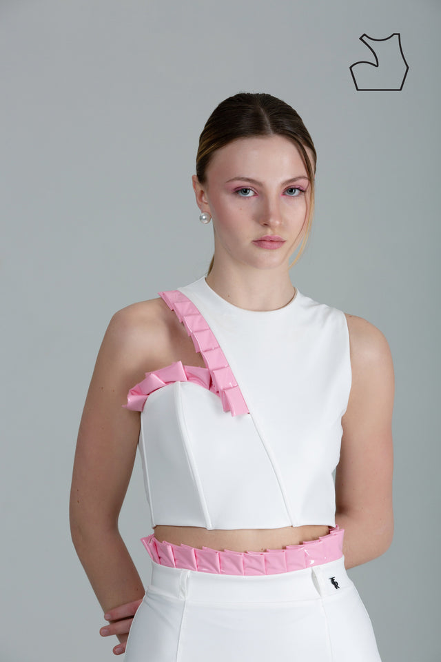 Asymmetric Crop Top - White + Pink Pleats