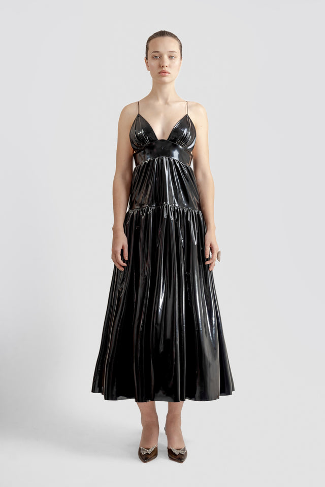Drop Waist Dress Latex Feel - Black