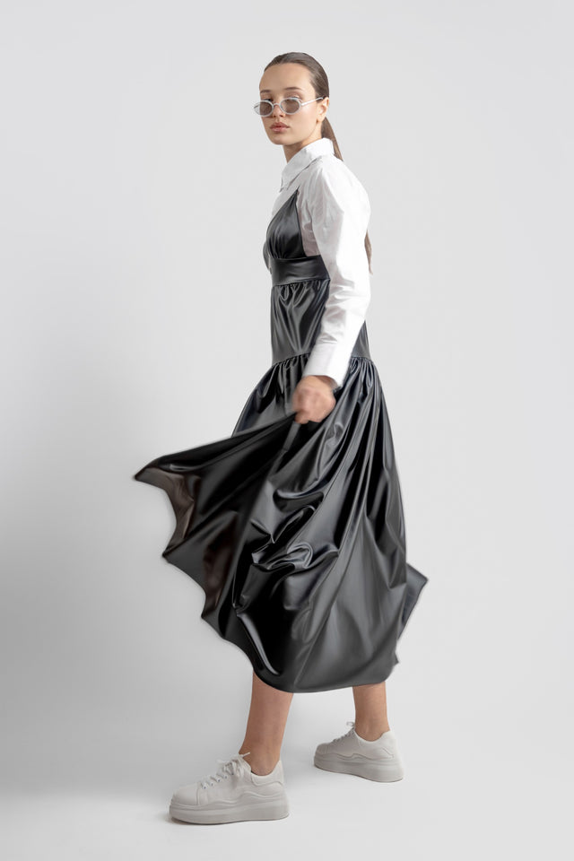 Drop Waist Vegan Leather Dress - Black