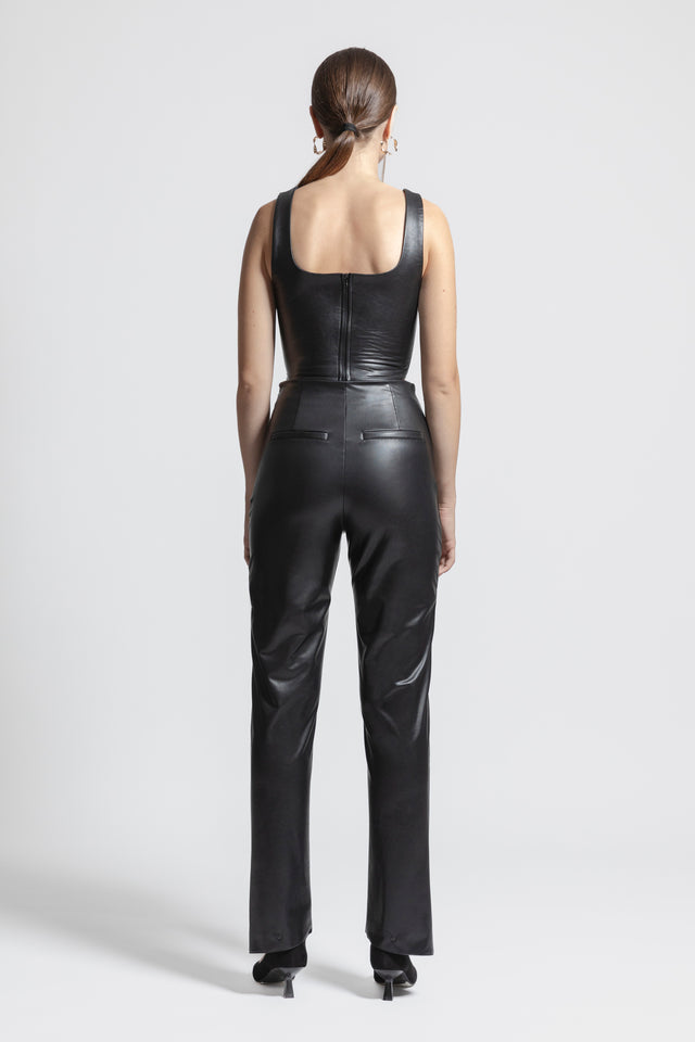 High Waist Trousers Faux Leather - Black