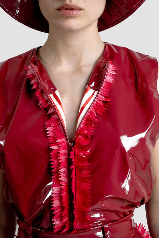 Latex Look Sleeveless Top & Fringe Detail - Burgundy