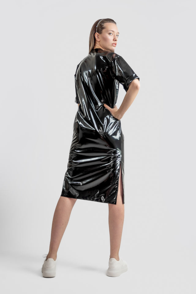 Latex Look T-shirt Dress - Black
