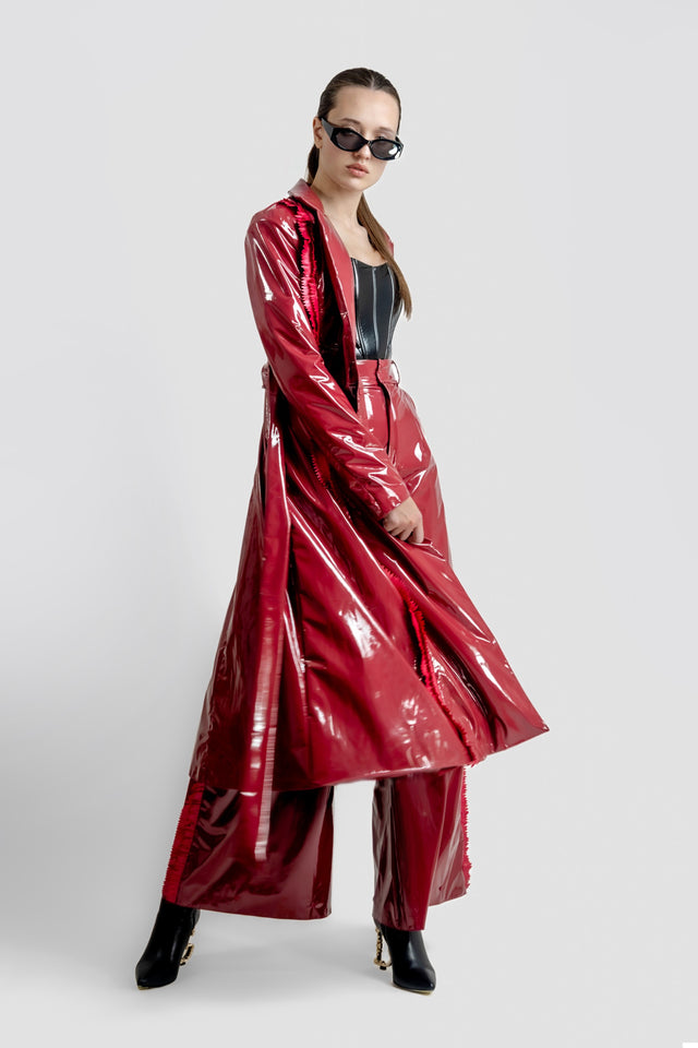 Latex Look Trench Coat & Fringe Detail - Burgundy