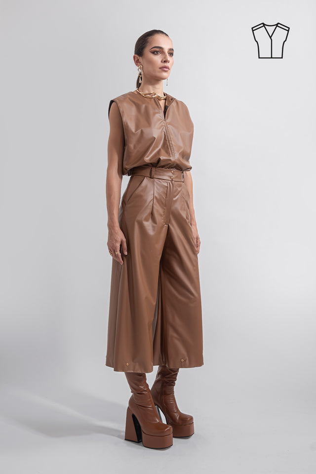 Vegan Leather Sleeveless Top - Caramel Brown