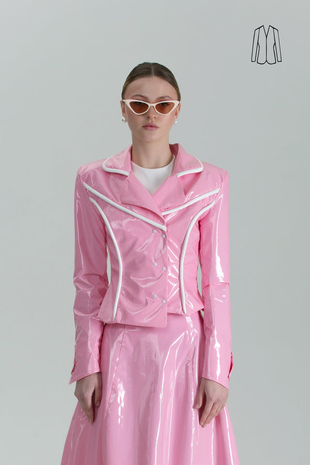 Asymmetric Latex Look Blazer - Pink