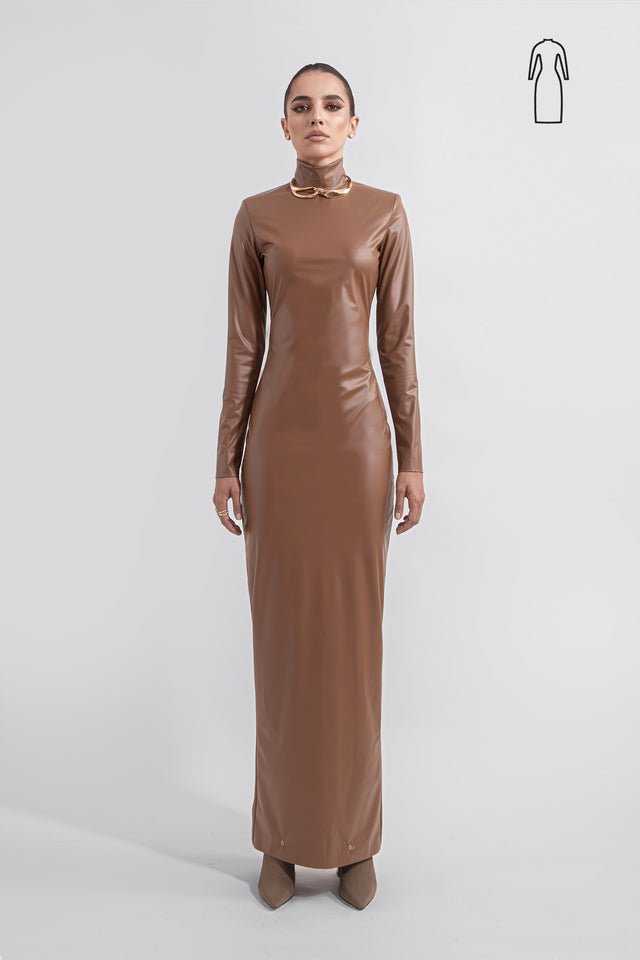 Faux Leather Bodycon Dress - Caramel Brown