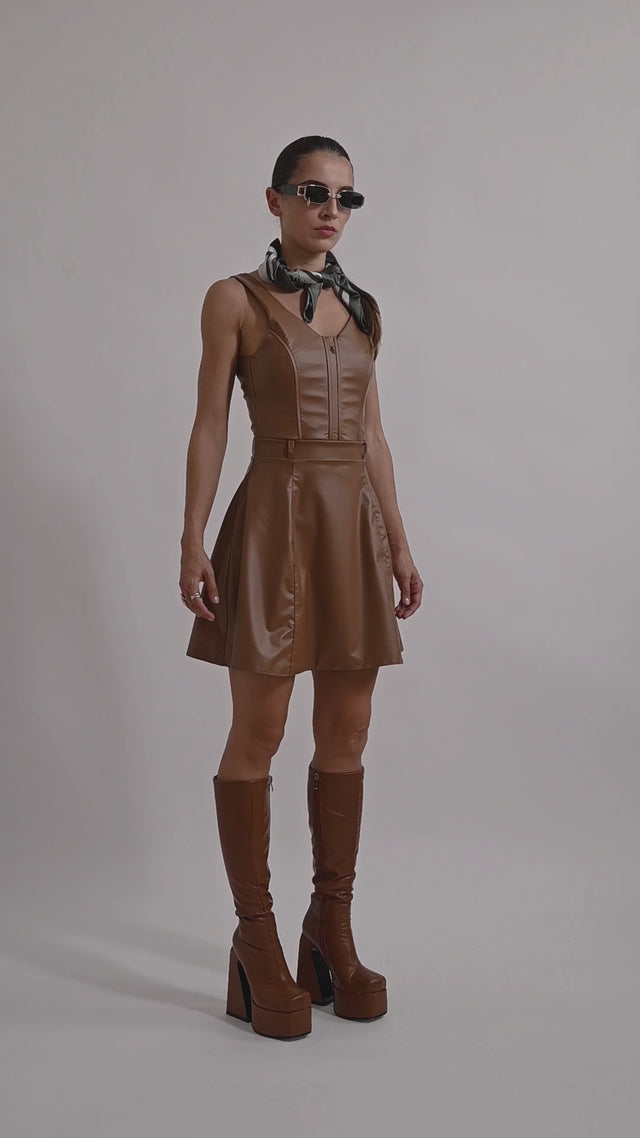 Short Circular Skirt Vegan Leather - Caramel Brown