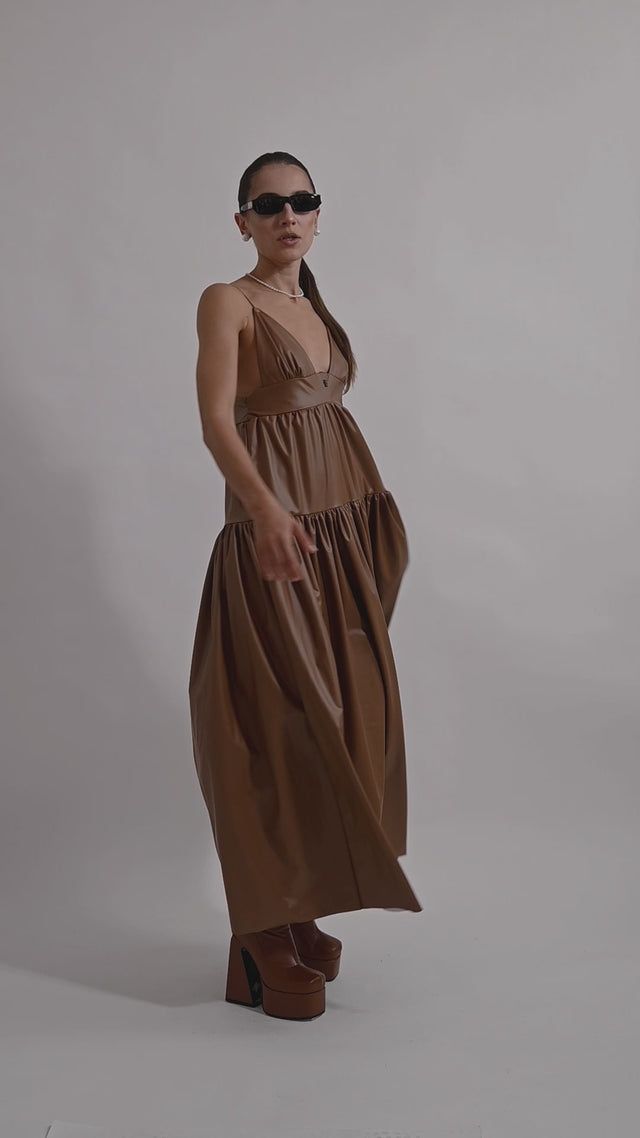 Drop Waist Dress Vegan Leather - Caramel Brown