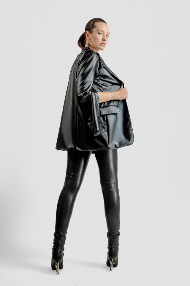 Single Breasted Blazer Vegan Leather - Black