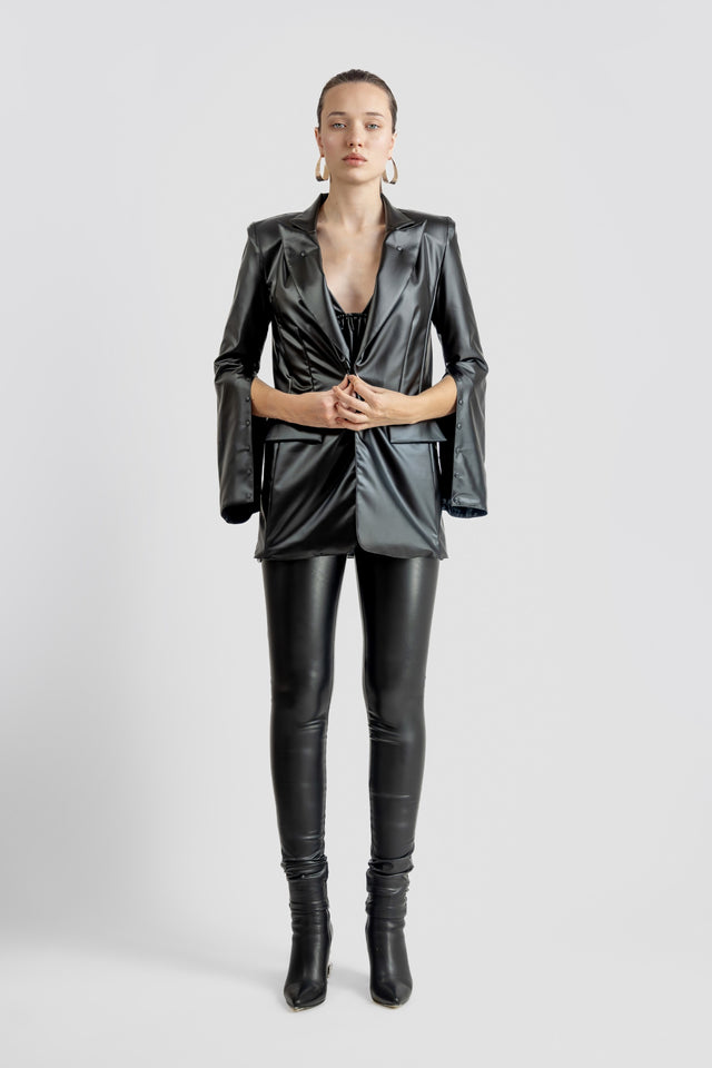 Single Breasted Blazer Vegan Leather - Black