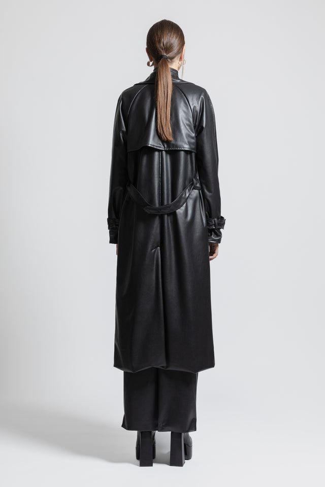 Straight Coat Vegan Leather - Black