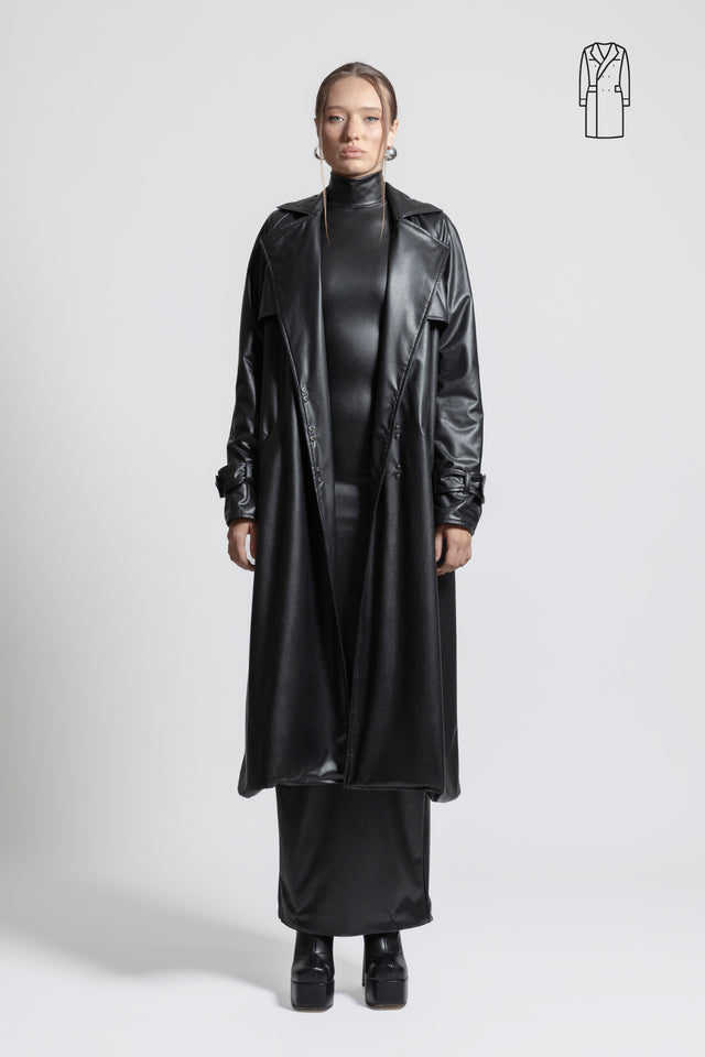 Straight Coat Vegan Leather - Black
