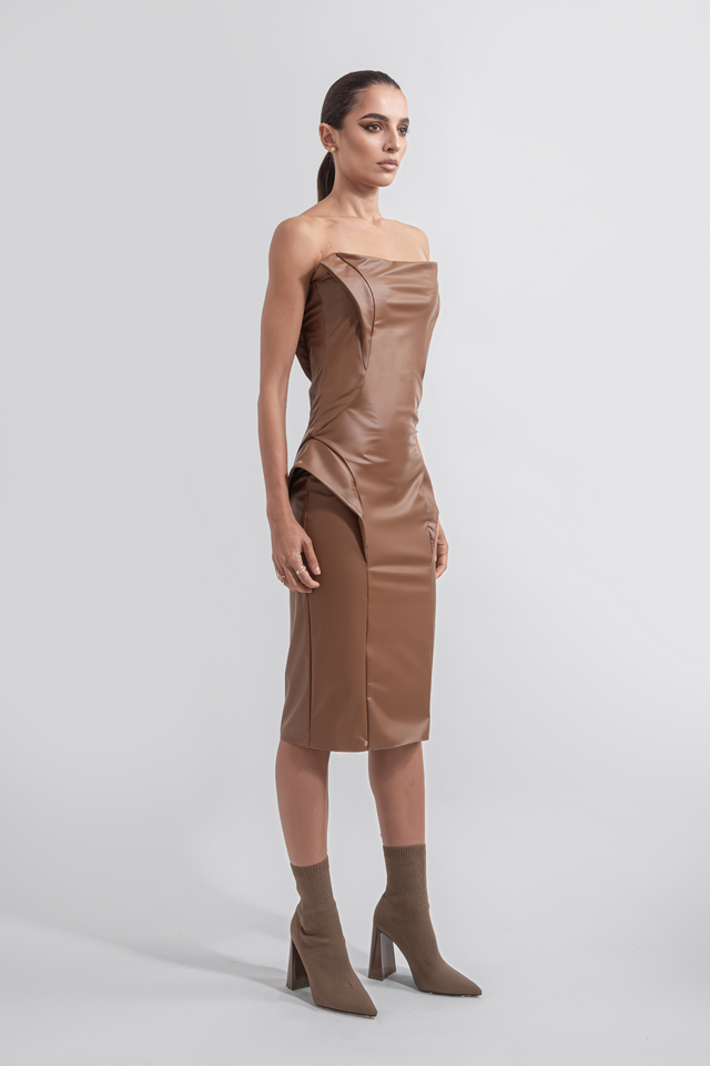 strapless_faux_leather_dress_light_brown_side