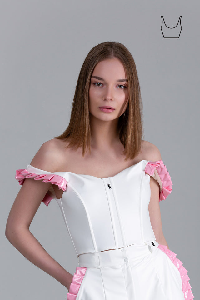 Bardot Crop Top With Pleats - White + Pink