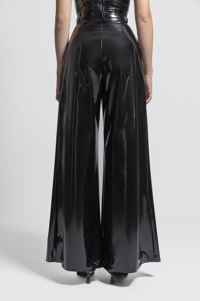Wide Leg Flare Latex Look Pants - Black