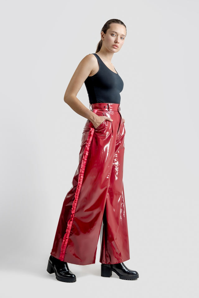 Wide Leg Flare Fringe Latex Look Pants - Burgundy