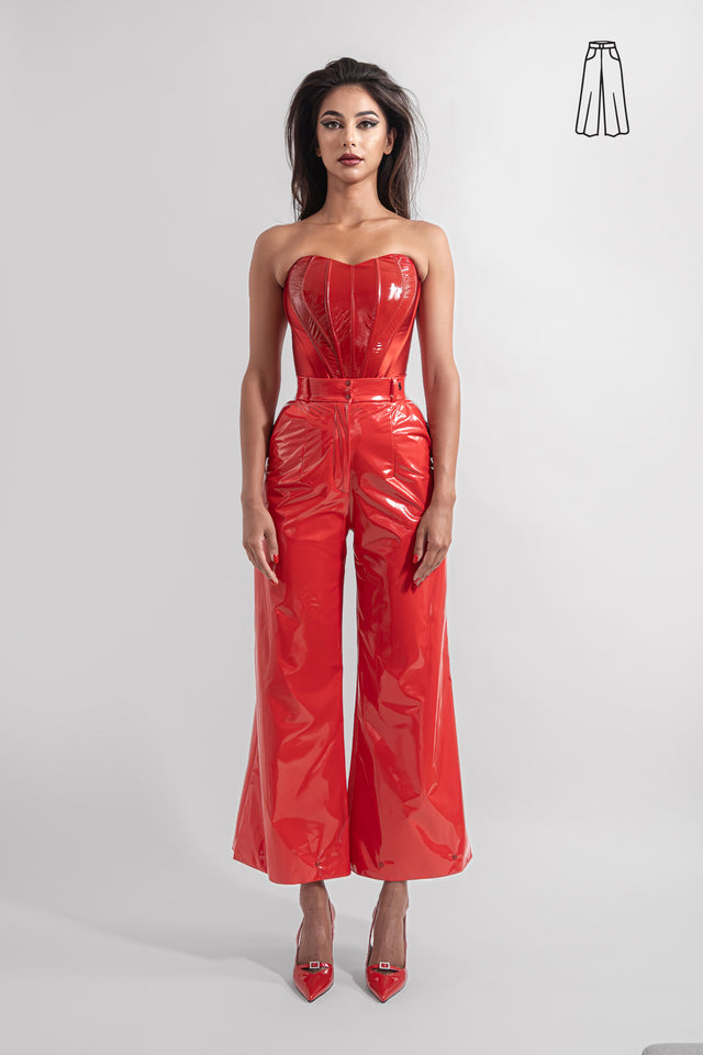 Wide Leg Flare Latex Look Pants - Red
