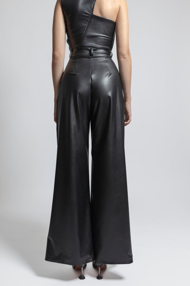 Wide Leg Flare Vegan Leather Pants - Black
