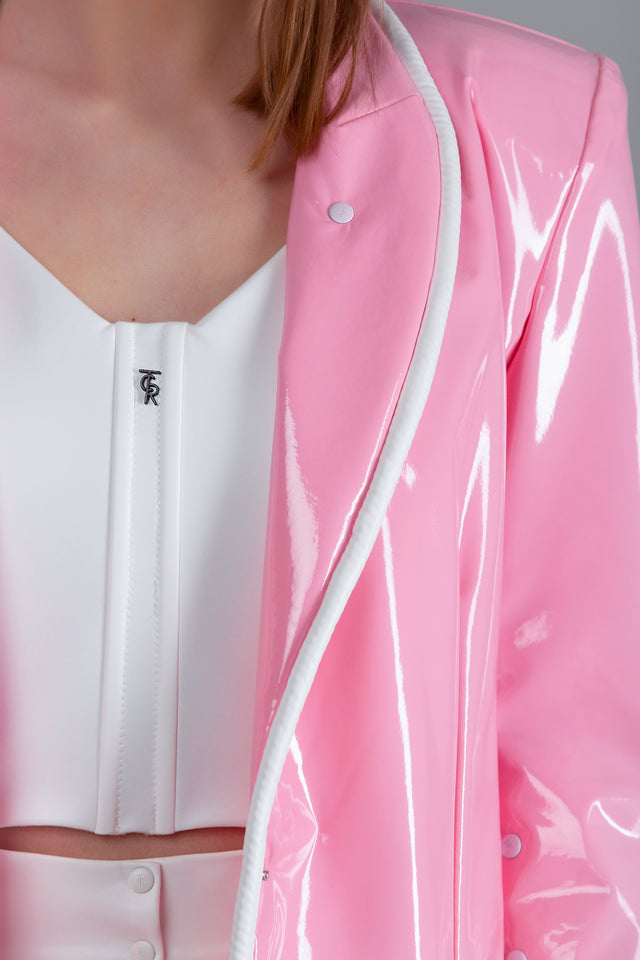 pink glossy leather blazer barbie