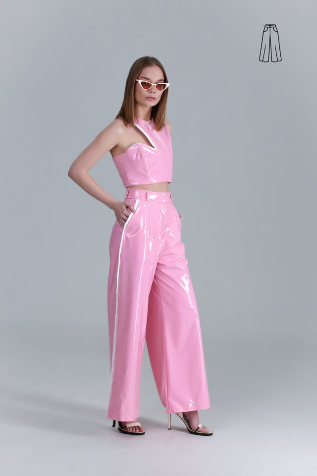 barbie pink latex faux leather wide pants