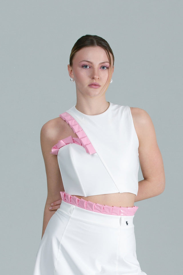 Asymmetric Crop Top - White + Pink Pleats