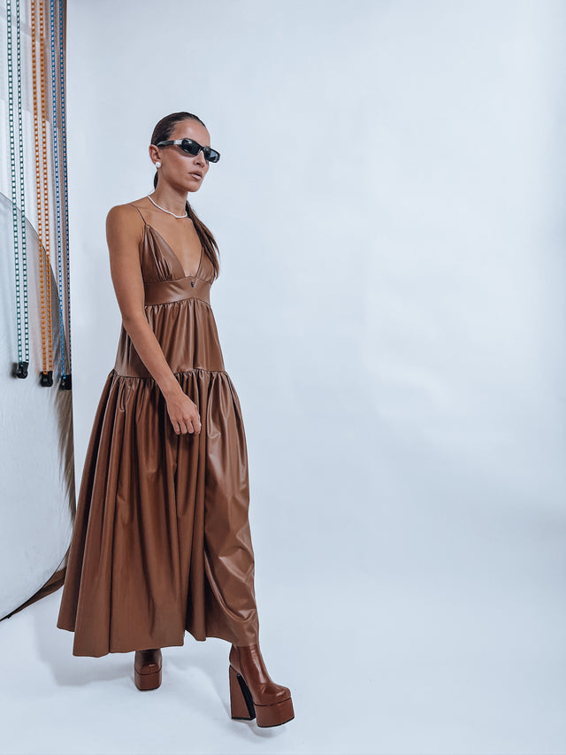 Drop Waist Dress Vegan Leather - Caramel Brown