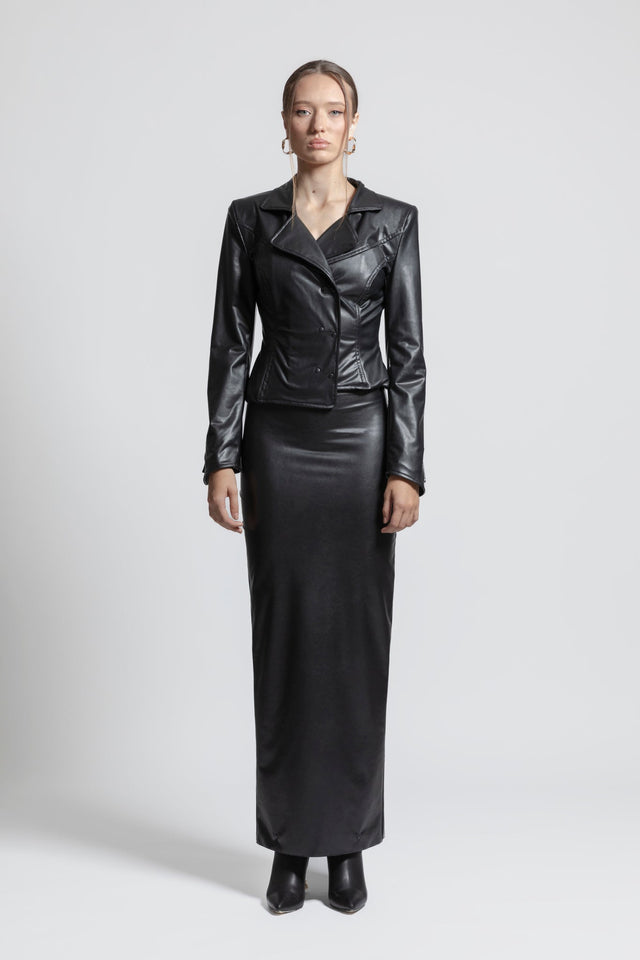 Asymmetric Latex Look Blazer - Black