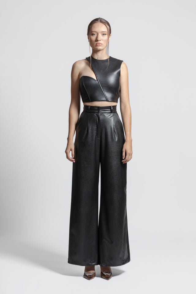 Asymmetric Faux Leather Crop Top - Black