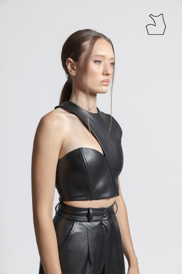 Asymmetric Faux Leather Crop Top - Black