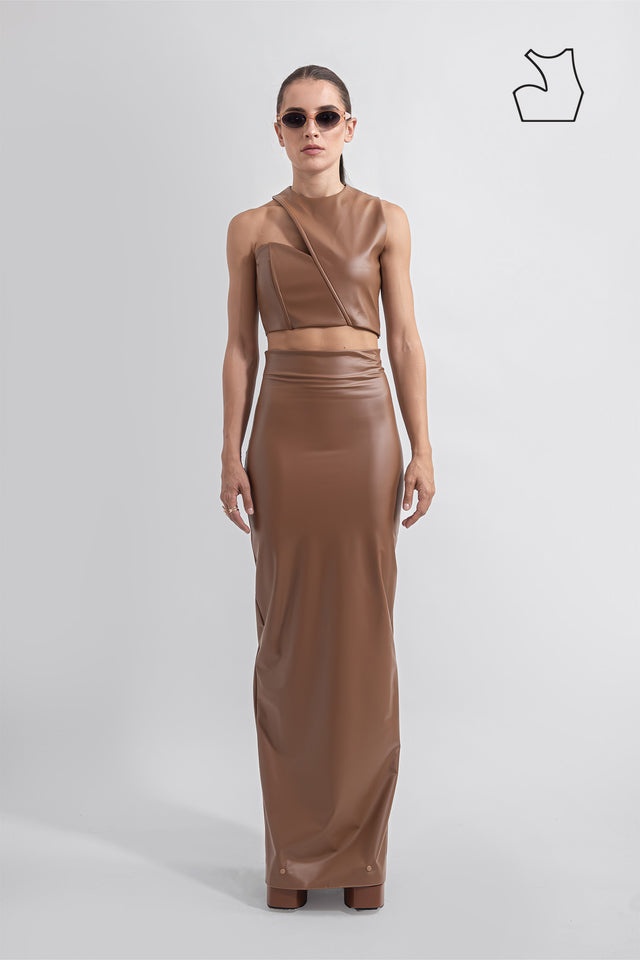 asymmetric_vegan_leather_crop_top__caramel_brown_front