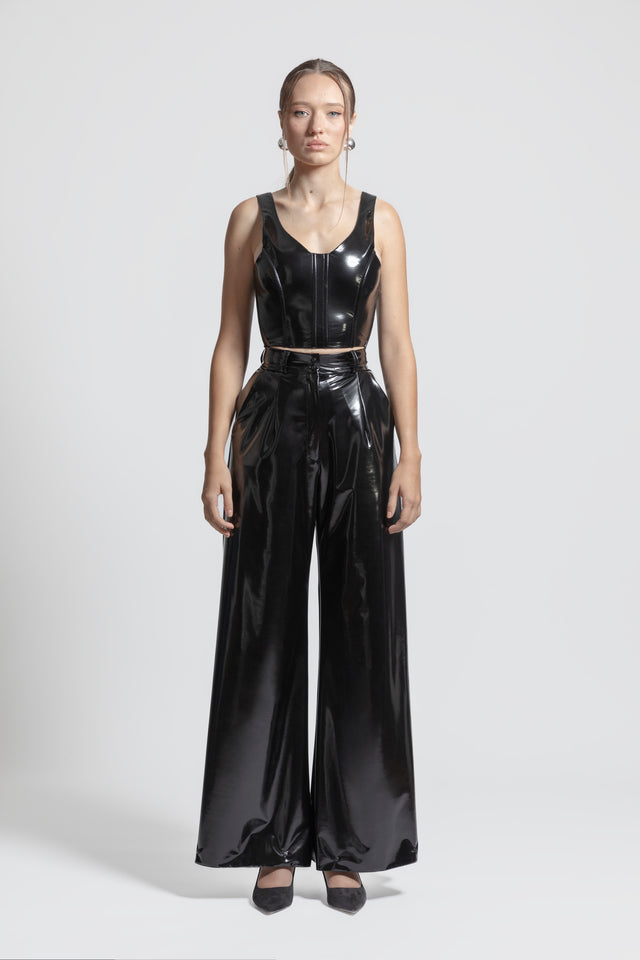 Bardot Crop Top Vegan Leather - Black