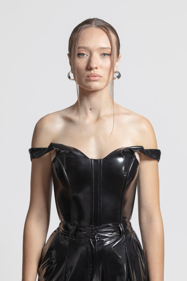 Bardot Crop Top Vegan Leather - Black