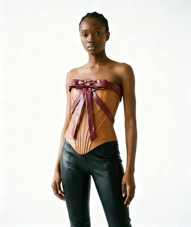 Brown Leather Corset + Large Maroon Ribbon