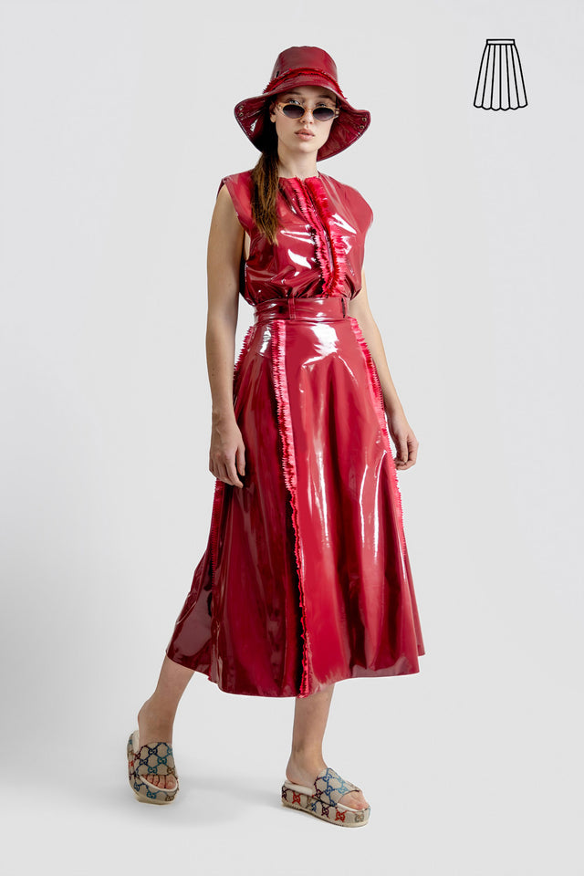 Circular Fringe Detail Skirt Latex Feel - Burgundy