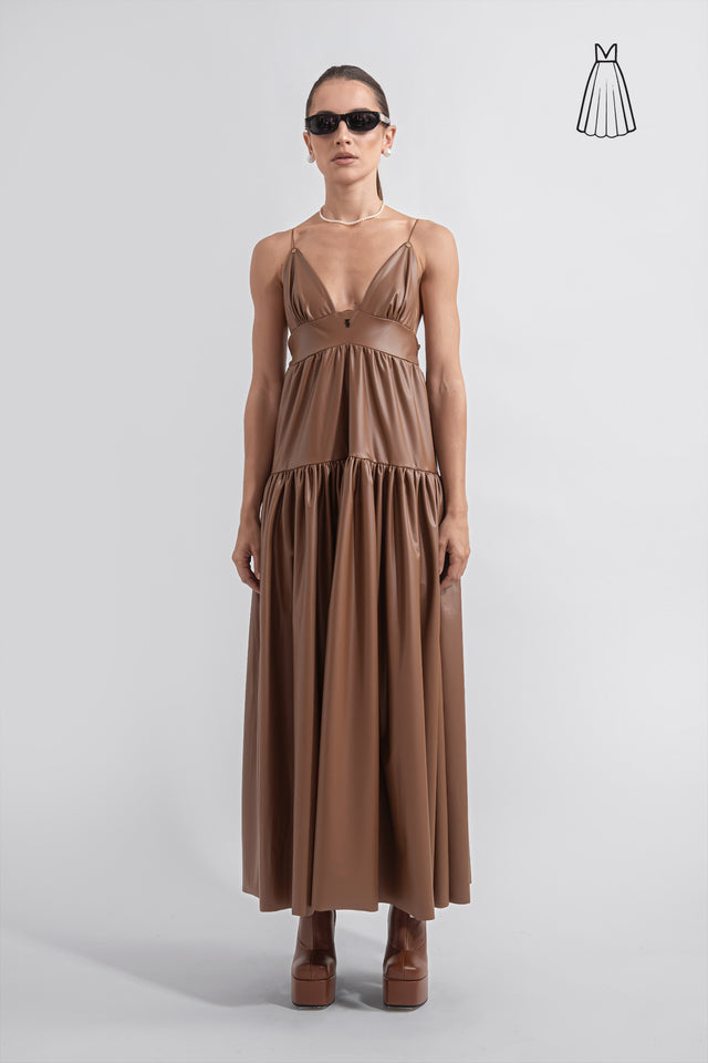 Drop Waist Dress Vegan Leather - Caramel Brown